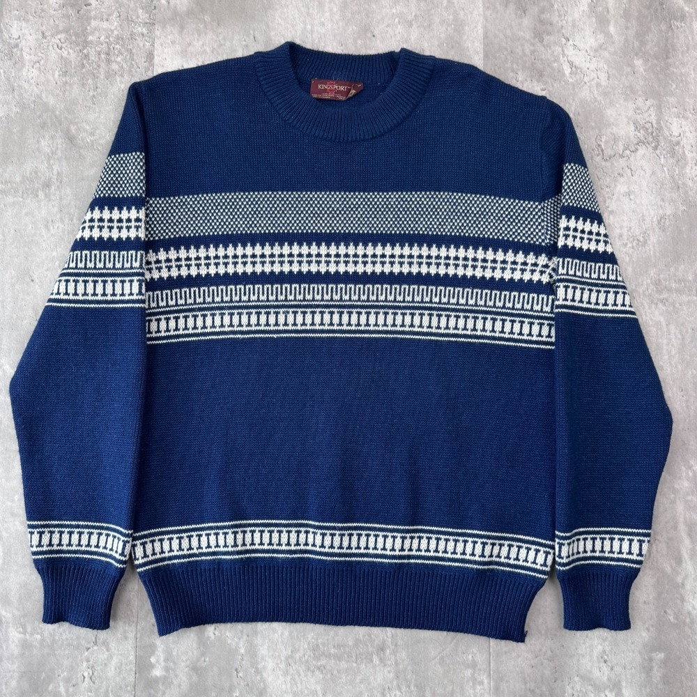 Vintage Kingsport Sweater Mens Medium Blue Golf Grandpa Striped Geometric 80s